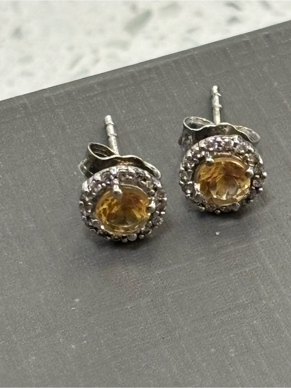 Citrine 925 Sterling stud earrings CZ halo